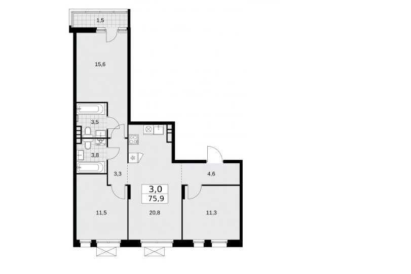 Пример планировки 3-комнатной квартиры 75,9 м².