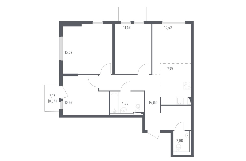 Пример планировки 4-комнатной квартиры 78.5 м².